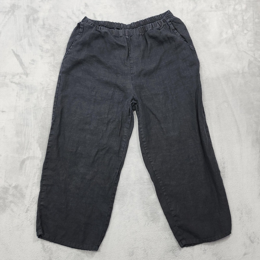 FLAX Pants Womens M Black Linen Crop Capri Pull On Pockets Lagenlook Casual Boho